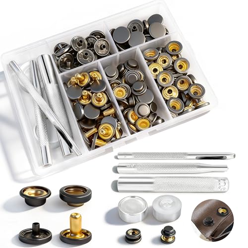 PIGORY 12 Snap Button Kit for Leather Crafting 203Pcs Heavy Duty Leather Snaps and Fasteners Kit50 Sets Stainless Steel Canvas Snaps with Tools Metal Fasteners for Boat Covers Tents Sewing - Image 1