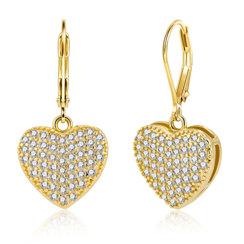 ALEXCRAFT Gold Heart Earrings, ALEXCRAFT 14K Goldplated Heart Dangle Leverback Earrings for Women Trendy Hypoallergenic Sterling Silver Leverback Earings Gold Cubic Zirconia Dangling Drop Earrings for Women - Image 1