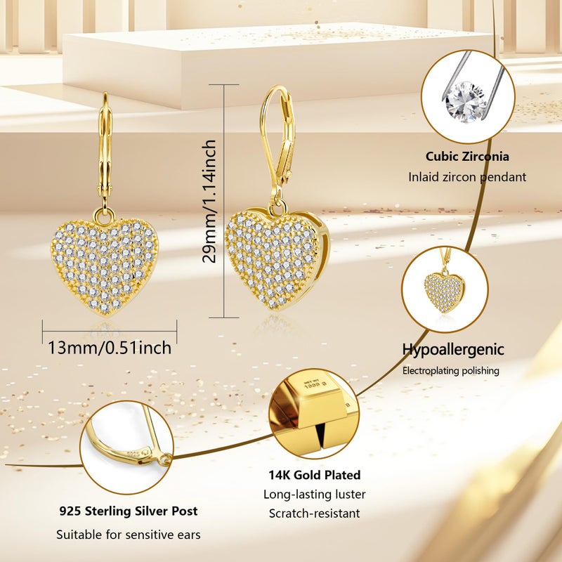 ALEXCRAFT Gold Heart Earrings, ALEXCRAFT 14K Goldplated Heart Dangle Leverback Earrings for Women Trendy Hypoallergenic Sterling Silver Leverback Earings Gold Cubic Zirconia Dangling Drop Earrings for Women - Image 3