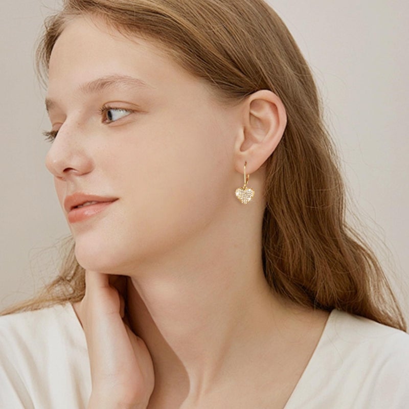 ALEXCRAFT Gold Heart Earrings, ALEXCRAFT 14K Goldplated Heart Dangle Leverback Earrings for Women Trendy Hypoallergenic Sterling Silver Leverback Earings Gold Cubic Zirconia Dangling Drop Earrings for Women - Image 5