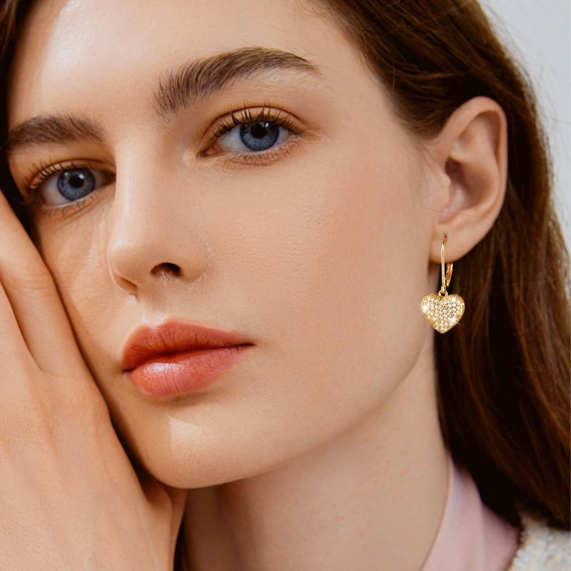 ALEXCRAFT Gold Heart Earrings, ALEXCRAFT 14K Goldplated Heart Dangle Leverback Earrings for Women Trendy Hypoallergenic Sterling Silver Leverback Earings Gold Cubic Zirconia Dangling Drop Earrings for Women - Image 4