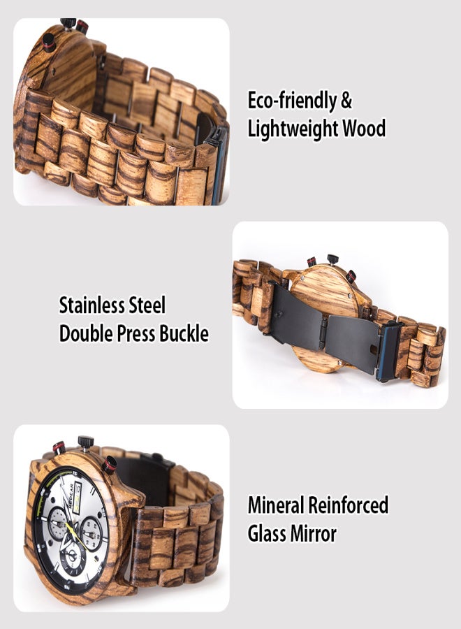 REDEAR Men Watch Wood Case& Band Quartz Movement Time& Calendar Display Luminous Pointer Stopwatch Function Daily Waterproof Male Fashion Wristband for Sports& Daily Life(Box Packaged) - Image 2