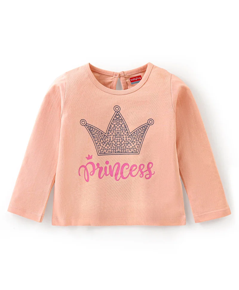 babyhug Babyhug 100% Cotton Full Sleeves Tee with Text Graphics Print - Peach