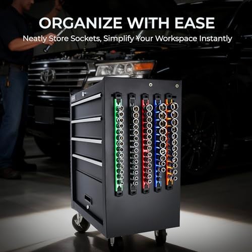 Reniteco Magnetic Socket Organizer, 1/4" Drive Aluminum Alloy Socket Rail, Heavy Duty Magnetic Socket Holder with 14PC 360° Swivel Removable Clips, Magnetic Socket Rack for Tool Box Drawer, Green - Image 2