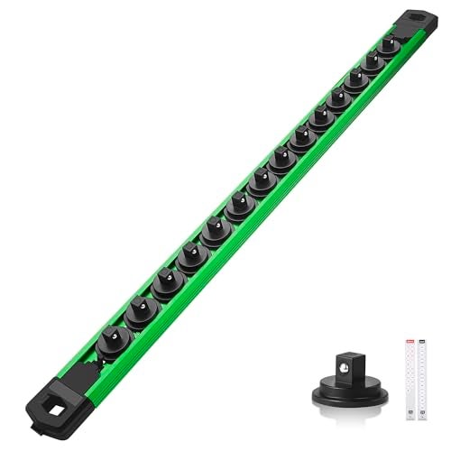 Reniteco Magnetic Socket Organizer, 1/4" Drive Aluminum Alloy Socket Rail, Heavy Duty Magnetic Socket Holder with 14PC 360° Swivel Removable Clips, Magnetic Socket Rack for Tool Box Drawer, Green - Image 1