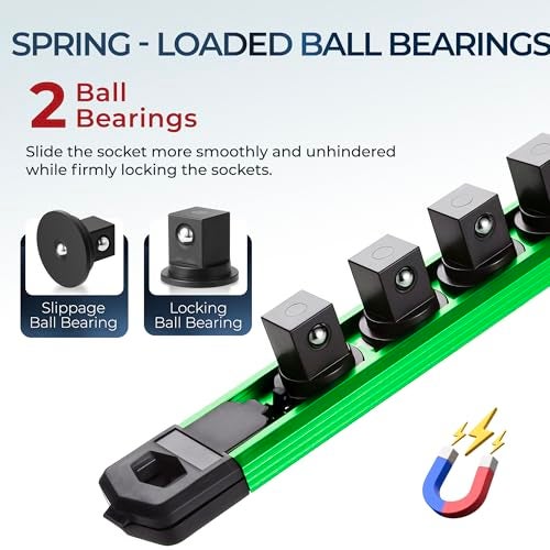 Reniteco Magnetic Socket Organizer, 1/4" Drive Aluminum Alloy Socket Rail, Heavy Duty Magnetic Socket Holder with 14PC 360° Swivel Removable Clips, Magnetic Socket Rack for Tool Box Drawer, Green - Image 4