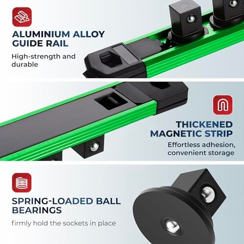 Reniteco Magnetic Socket Organizer, 1/4" Drive Aluminum Alloy Socket Rail, Heavy Duty Magnetic Socket Holder with 14PC 360° Swivel Removable Clips, Magnetic Socket Rack for Tool Box Drawer, Green - Image 3