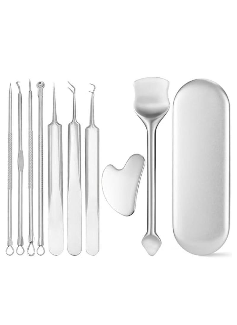 KASTWAVE 10Pcs Blackhead Remover Tools Kit, Stainless Steel Pimple Popper Tool Kit, Acne Needle Tools Set, Blackhead Extractor, Guasha Tool, Face Spatula, Skin Care Tools Kit with Metal Case, Pore Cleaner  - Image 1