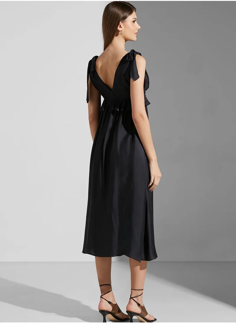 REISS Plunge Neck Ruffle Detail Dress