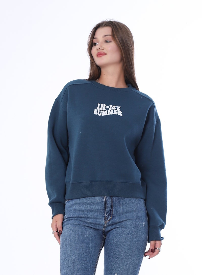 بيبو سويت شيرت نسائي، طباعة جرافيك، أكمام طويلة_بترولي - Image 1