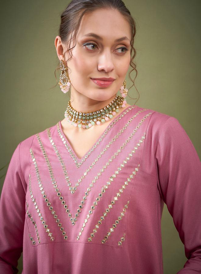 SASSAFRAS Embroidered V Neck A-Line Top & Wide Leg Pants Co-Ord by Styli  - Image 4