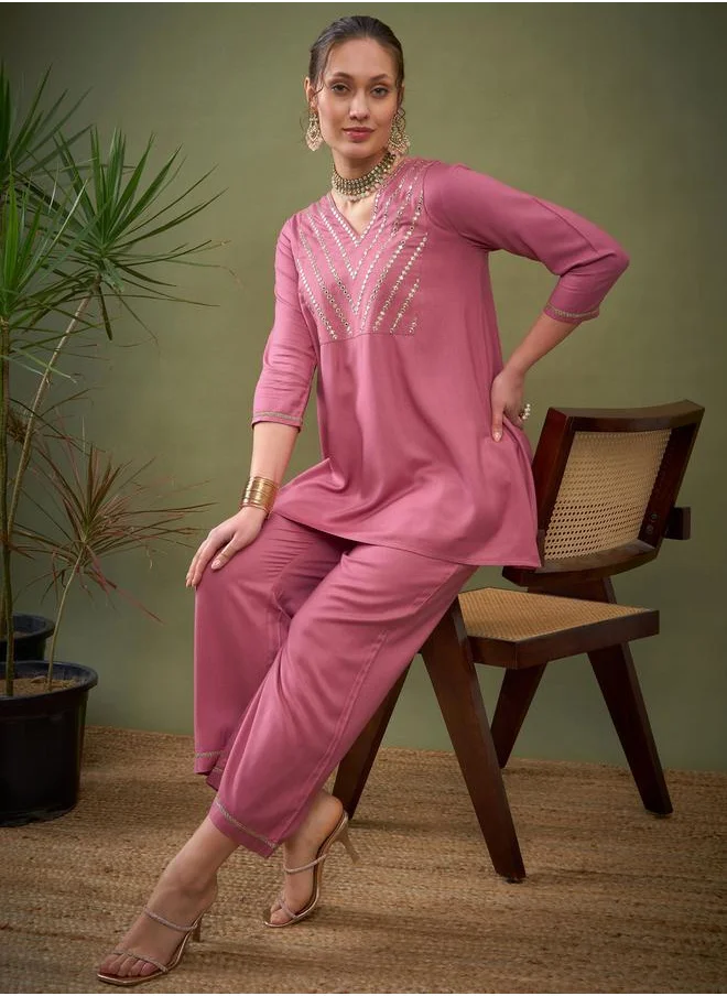 SASSAFRAS Embroidered V Neck A-Line Top & Wide Leg Pants Co-Ord by Styli