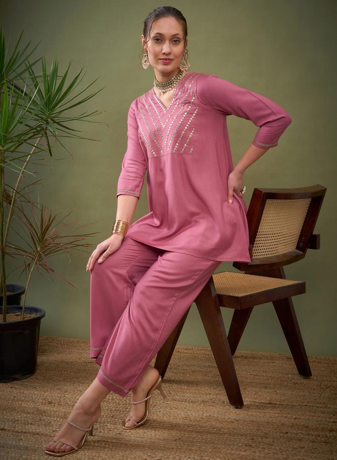 SASSAFRAS Embroidered V Neck A-Line Top & Wide Leg Pants Co-Ord by Styli  - Image 2