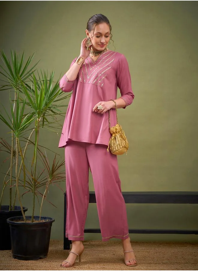 SASSAFRAS Embroidered V Neck A-Line Top & Wide Leg Pants Co-Ord by Styli
