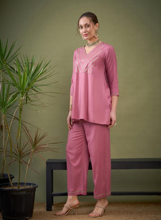 SASSAFRAS Embroidered V Neck A-Line Top & Wide Leg Pants Co-Ord by Styli  - Image 3