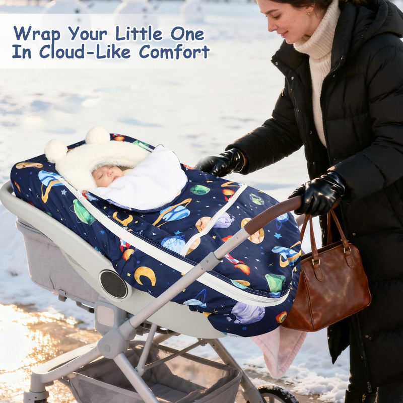Pea Pod Winter Car Seat Cover for Baby, Infant Car Seat Canopies Cover for Newborn, Warm Plush Fleece Inner Protect Baby from Cold Wind, Space Pattern - Image 4