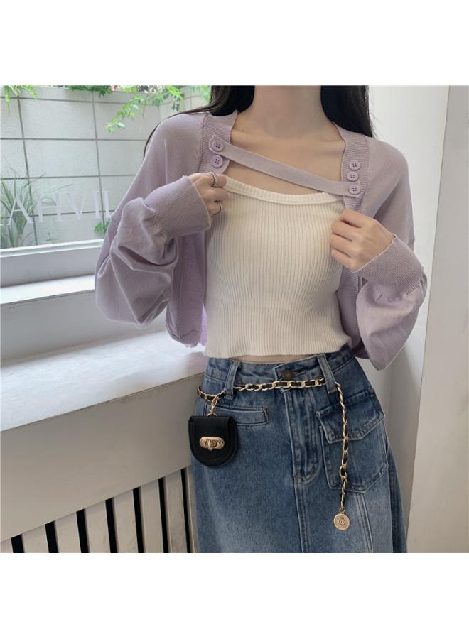 VUELO Korean Style Air Conditioner Blouse Ice Silk Long Sleeve Knitted Sun Protection Cardigan Women's Thin Short Jacket For Summer - Image 3