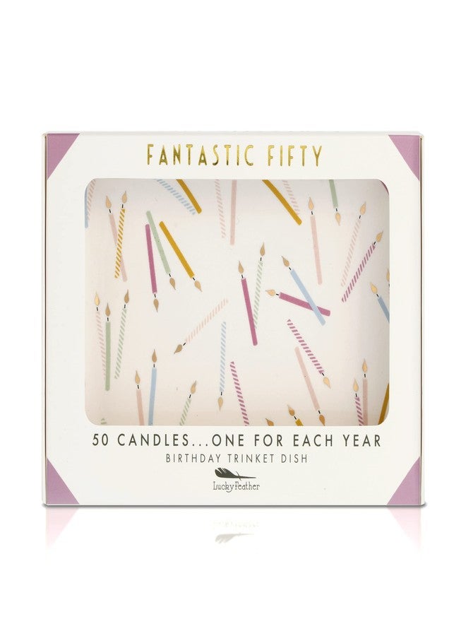Lucky Feather هدايا عيد الميلاد الخمسين السعيدة للنساء - طبق مجوهرات خزفي مع 50 شمعة، واحدة لكل عام - هدايا مثالية للنساء اللواتي يبلغن 50 عامًا في 2024 - للزوجة أو الأم أو الأخت أو العمة أو الصديقة المولودة في 1974 - Image 1