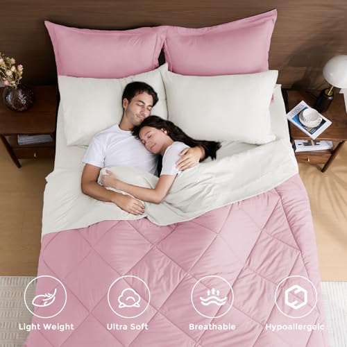 HEVUMYI Queen Comforter Set - 7-Piece All Season Bed in a Bag Queen, Ultra Soft Bedding Set with Comforter, Flat Sheet, Fitted Sheet, Pillowcases, Pillow Shams, Pink & Ivory - Image 2