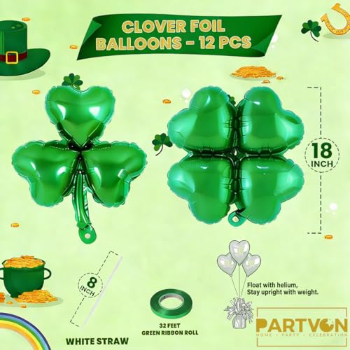 PARTVON 12 PCS Shamrock Balloons for St Patricks Day Decorations 18 Inch Green Leaf Clover St Patricks Day Balloons for Home Birthday Saint Patrick Party Supplies - Image 5