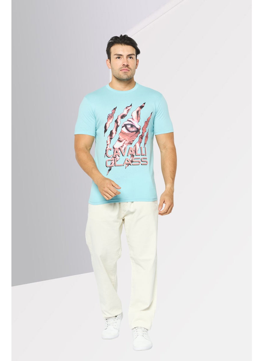 Cavalli Class Men Round Neck Short Sleeve Graphic Print T-Shirt, Light Blue Combo  - Image 4