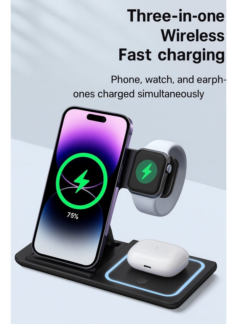 Sisily 3 in 1 Wireless Charger Dock 15W Fast Qi Charging Station for Phone Watch Earbuds Multi Safety Anti Slip Wireless Charging Stand for Desk Nightstand Black - Image 5