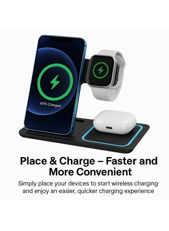 Sisily 3 in 1 Wireless Charger Dock 15W Fast Qi Charging Station for Phone Watch Earbuds Multi Safety Anti Slip Wireless Charging Stand for Desk Nightstand Black - Image 4