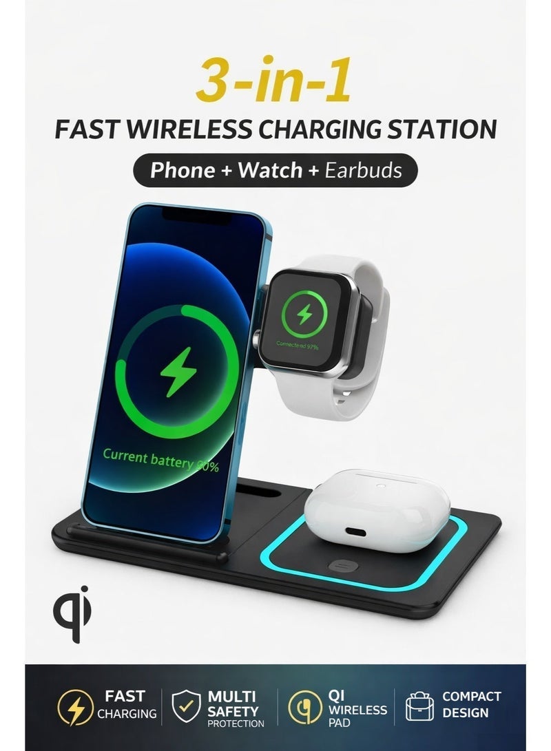 Sisily 3 in 1 Wireless Charger Dock 15W Fast Qi Charging Station for Phone Watch Earbuds Multi Safety Anti Slip Wireless Charging Stand for Desk Nightstand Black - Image 2