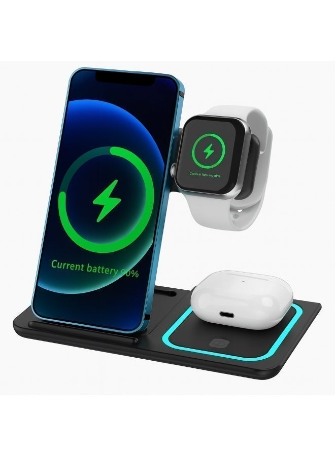 Sisily 3 in 1 Wireless Charger Dock 15W Fast Qi Charging Station for Phone Watch Earbuds Multi Safety Anti Slip Wireless Charging Stand for Desk Nightstand Black - Image 3