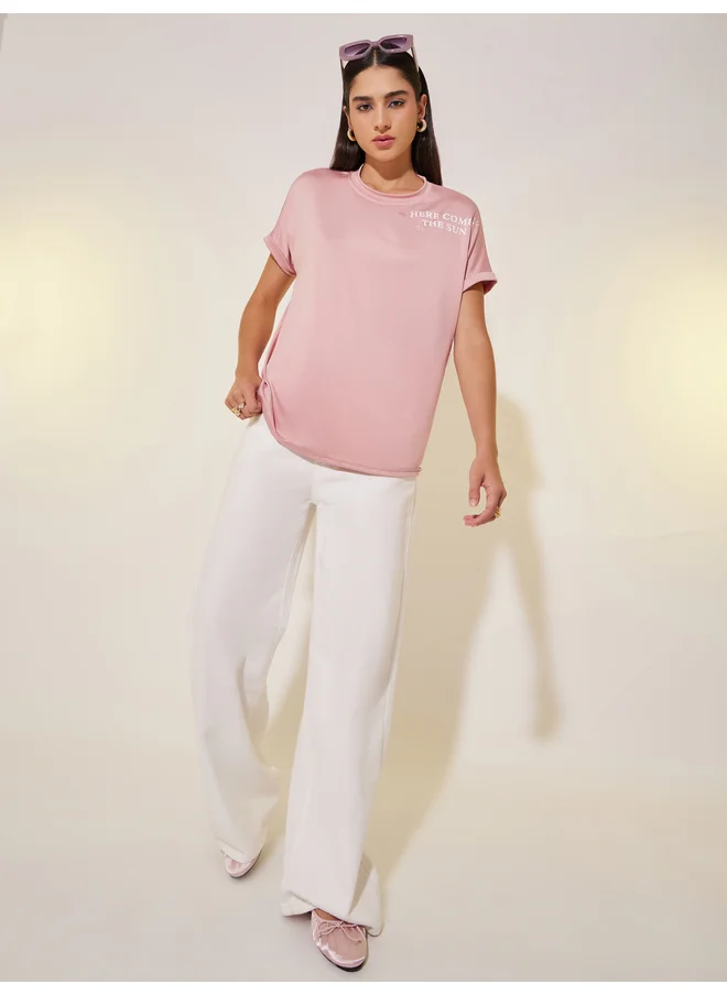 Take Two Take Two Round Neck Shoulder Slogan T-shirt