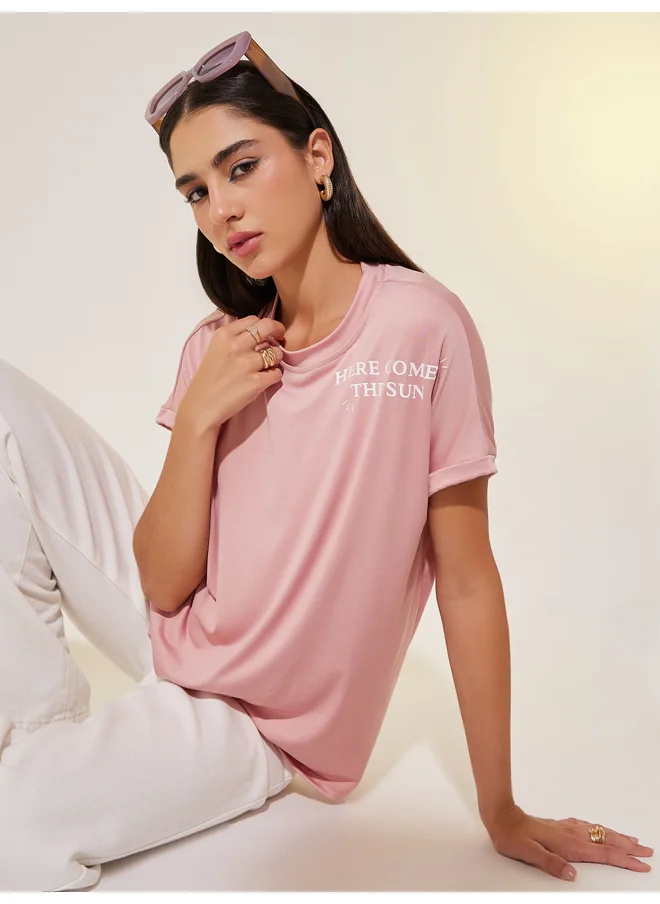 Take Two Take Two Round Neck Shoulder Slogan T-shirt