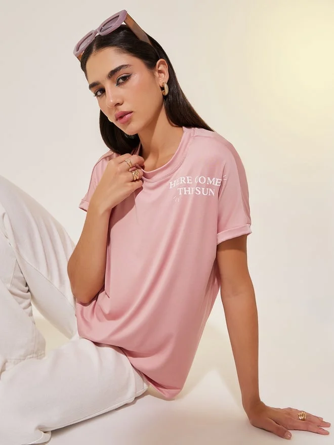 Take Two Take Two Round Neck Shoulder Slogan T-shirt