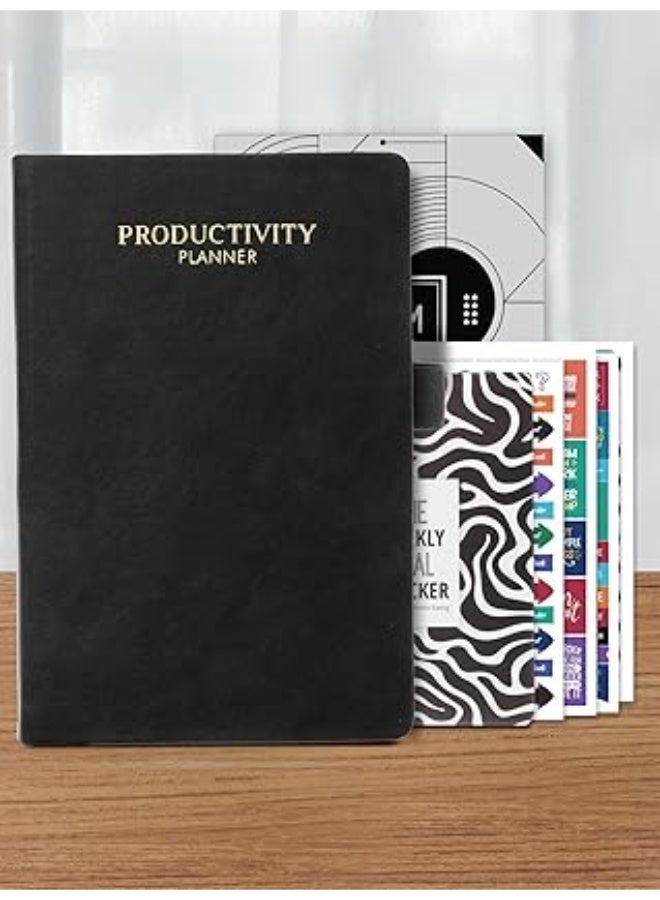 DOODLE A5 Productivity Planner Kit Undated Hard Bound|288 Pages|12 Monthly+Pocket Meal Planner+Stickers+Motivational Quote Cards+Tear Away Bookmarks|Activity Pages, Notes Pages [Productivity Pro-Grey] - Image 1