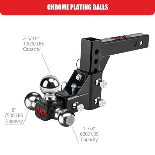 TYT Adjustable Trailer Hitch Ball Mount, Tri-Ball (1-7/8'' X 2'' X 2-5/16''), Fits 2'' Receiver, 5'' Rise/Drop Hitch, Heavy-Duty for Towing 10000lbs - Image 2