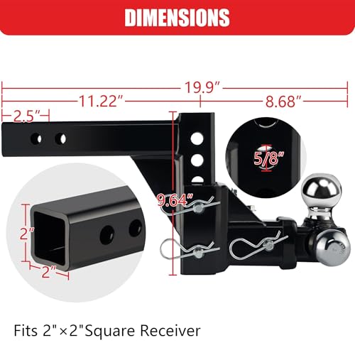 TYT Adjustable Trailer Hitch Ball Mount, Tri-Ball (1-7/8'' X 2'' X 2-5/16''), Fits 2'' Receiver, 5'' Rise/Drop Hitch, Heavy-Duty for Towing 10000lbs - Image 3