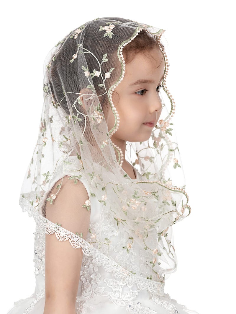PAMOR Infinity First Communion Veils for Girls Lace Chapel Veil Mantilla Veils Latin Lass Church Veil for Catholic Baptism (White D) - Image 1