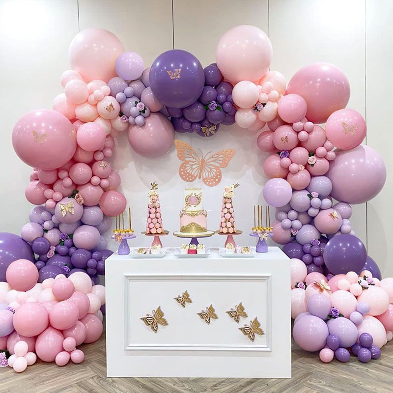 QIFU 142pcs Pastel Pink Purple Balloon Garland Arch Kit Butterfly Stickers Baby Shower Decorations for Girl Birthday Party Bridal Shower Bachelorette Engagement Party Decorations by QIFU - Image 1