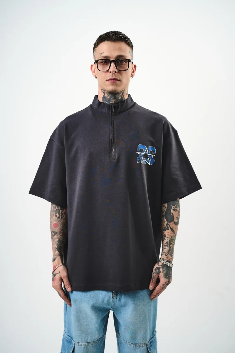 RESPIRE Men's 22 Print Half-Zip Oversize T-Shirt, Smoked Grey (Füme)