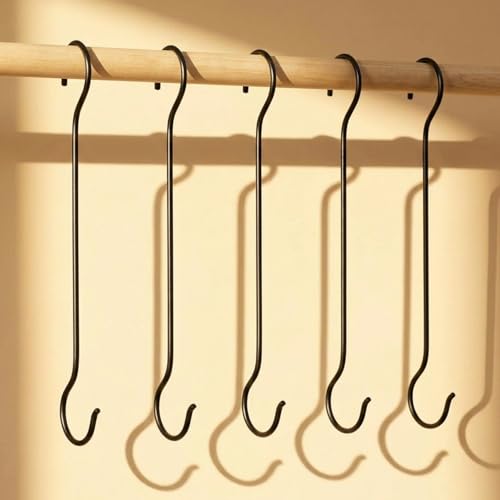 ecofynd 16 Inch Metal Pot Extension Hooks, S Shaped Wall Hooks for Hanging Plants, Pots, Pans, Bird Feeders and Baths, Planters, Lanterns, Ornaments, Heavy Duty Extra Large Hanger Hook (Black, 5) - Image 1