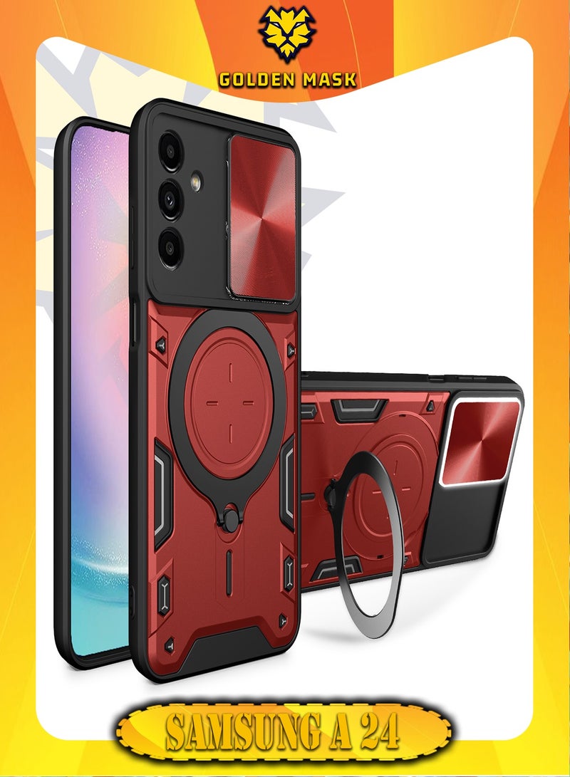 جولدن ماسك لهاتف سامسونج جالاكسي اية 24 (Samsung Galaxy A24) جراب حماية مع باب جرار لحماية عدسة  الكاميرا المدرعة مدمج بزاوية 360 درجة - (احمر)