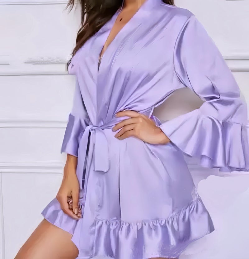 Dress Nightgown Bathrobe Deep V Outer Wearing Pajamas Satin Lace Imitation Silk Home Clothes - Image 1