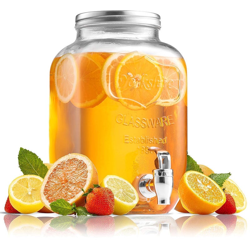 wellxo Glass Cold Water Mason Jar Beer Dispenser, Clear, Beverage Drink Dispenser,Glass Pitcher with tap/Spigot and Steel lid, 4 Litre  - Image 1