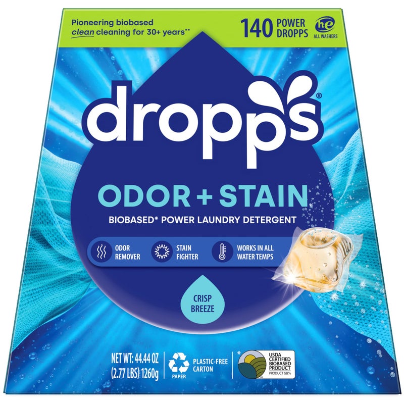 Dropps Odor & Stain Biobased Power Laundry Detergent Pods, Crisp Breeze HE Compatible Laundry Pods for Fresh Clothes - Laundry Soap Supplies & Recyclable Paperboard Packaging - Image 1
