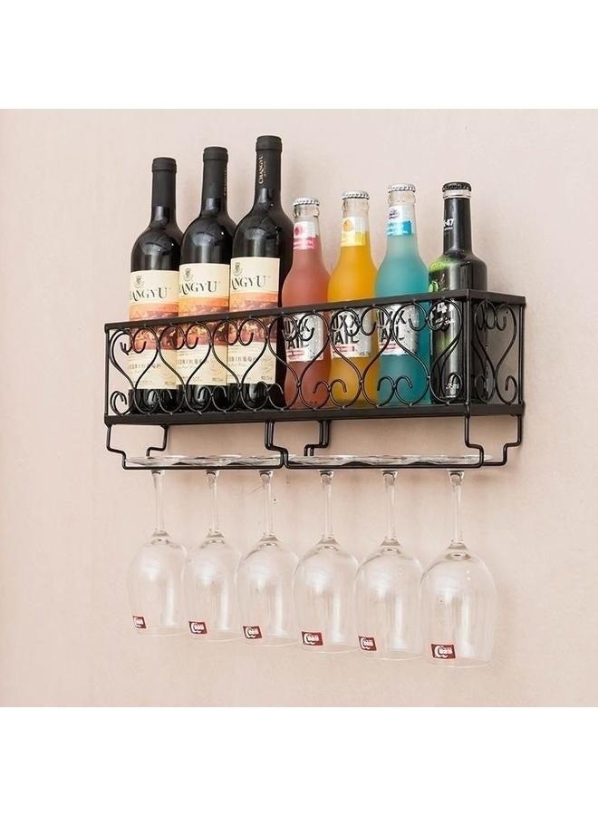 Wine Rack Wall Mounted Wine Glass Rack Floating Shelf with Stemware Hanger for Kitchen, Wood Shelf for Home Bar (Black)  - Image 1