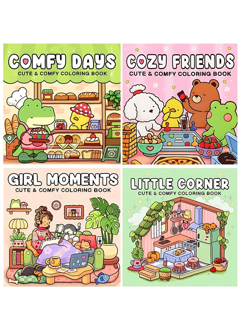Cute & Comfy Coloring Book Gift Set (4 Books, 48 Pages Each) – Comfy Days, Corner of Life, Girl Moments, Friends Gathering – Thick Paper, Single-Sided Design, Stress Relief Coloring for Adults & Kids – Creative Gift for Artists & Families - Image 1