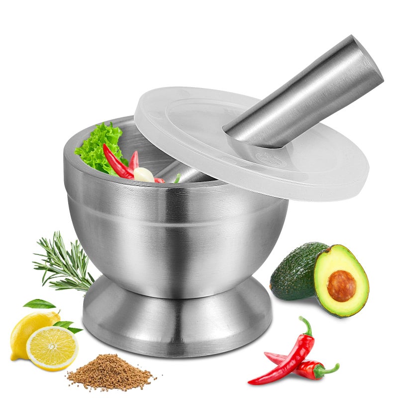 Pwkauka 18/8 (304) Stainless Steel Mortar and Pestle Set,Mortar and Pestle with Non-Slip Base for Spice Grinder, Herb Crusher, Pill Crusher, Pesto Maker for Kitchen, Easy to Clean - Image 1