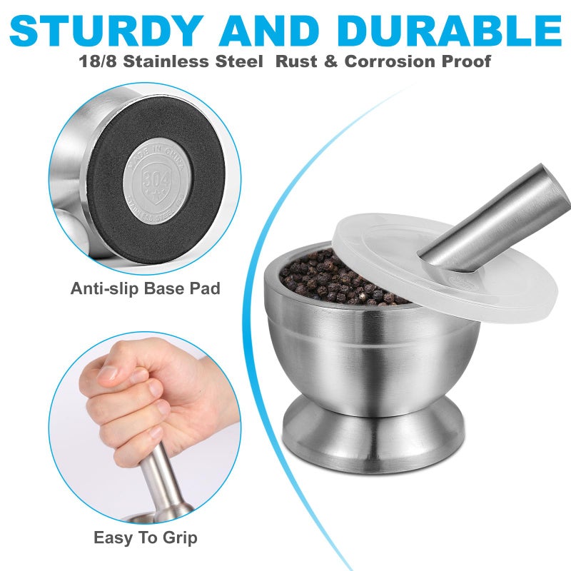 Pwkauka 18/8 (304) Stainless Steel Mortar and Pestle Set,Mortar and Pestle with Non-Slip Base for Spice Grinder, Herb Crusher, Pill Crusher, Pesto Maker for Kitchen, Easy to Clean - Image 3