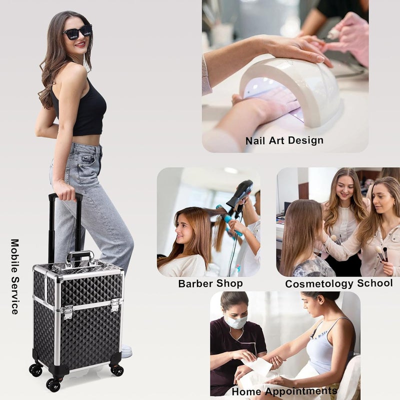 Stagiant Rolling Makeup Train Case Large Storage Cosmetic Trolley 4 Tray with Sliding Rail Removable Middle Layer with Key Swivel Wheels Salon Barber Case Traveling Cart Trunk - Image 5