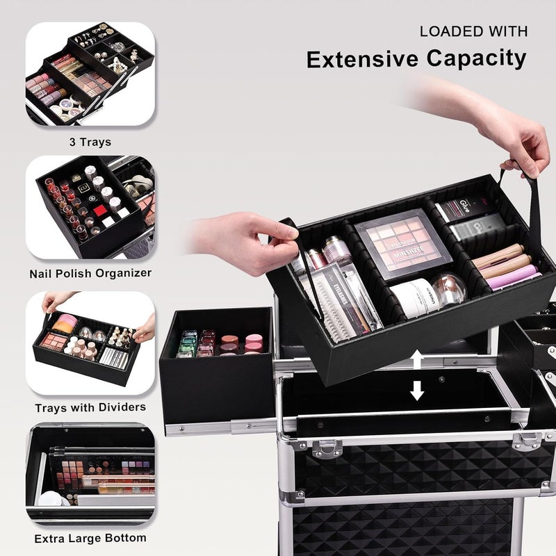 Stagiant Rolling Makeup Train Case Large Storage Cosmetic Trolley 4 Tray with Sliding Rail Removable Middle Layer with Key Swivel Wheels Salon Barber Case Traveling Cart Trunk - Image 3