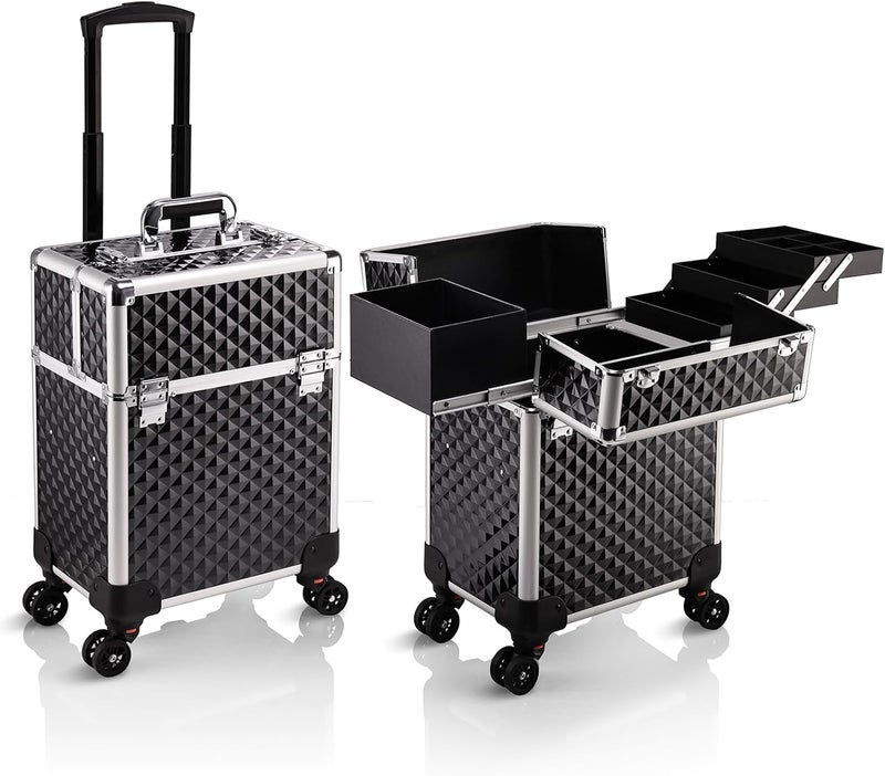 Stagiant Rolling Makeup Train Case Large Storage Cosmetic Trolley 4 Tray with Sliding Rail Removable Middle Layer with Key Swivel Wheels Salon Barber Case Traveling Cart Trunk - Image 1